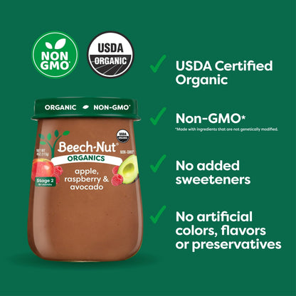 (10 pack) Beech-Nut Organics Stage 2 Organic Baby Food, Apple Raspberries & Avocado, 4oz Jar