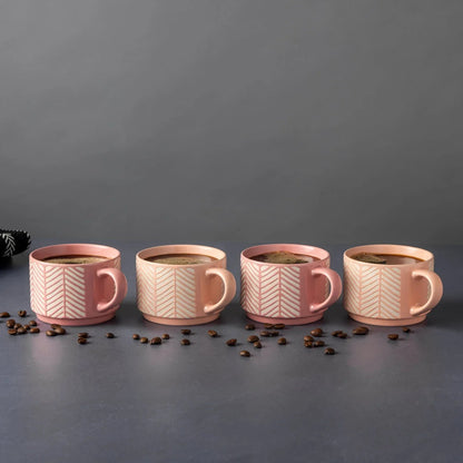 Thyme & Table 4 Pack Stacking Mugs, Pink and White Lines 11.1 fl oz, Stoneware