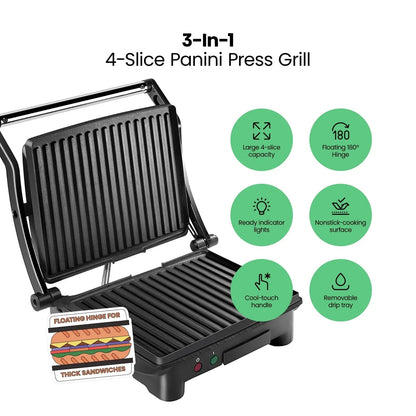 Chefman 3-in-1 Panini Press & Grill, 4-Slice Non-Stick, Opens Flat - Stainless Steel