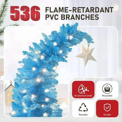 VEIKOUS 6ft Christmas Tree Crooked Neck, Pre-Lit Xmas Grinch Tree with 200 LED Lights & 536 Branch Tips, Bendable Top Christmas Slim Tree for Holiday Decor, Blue