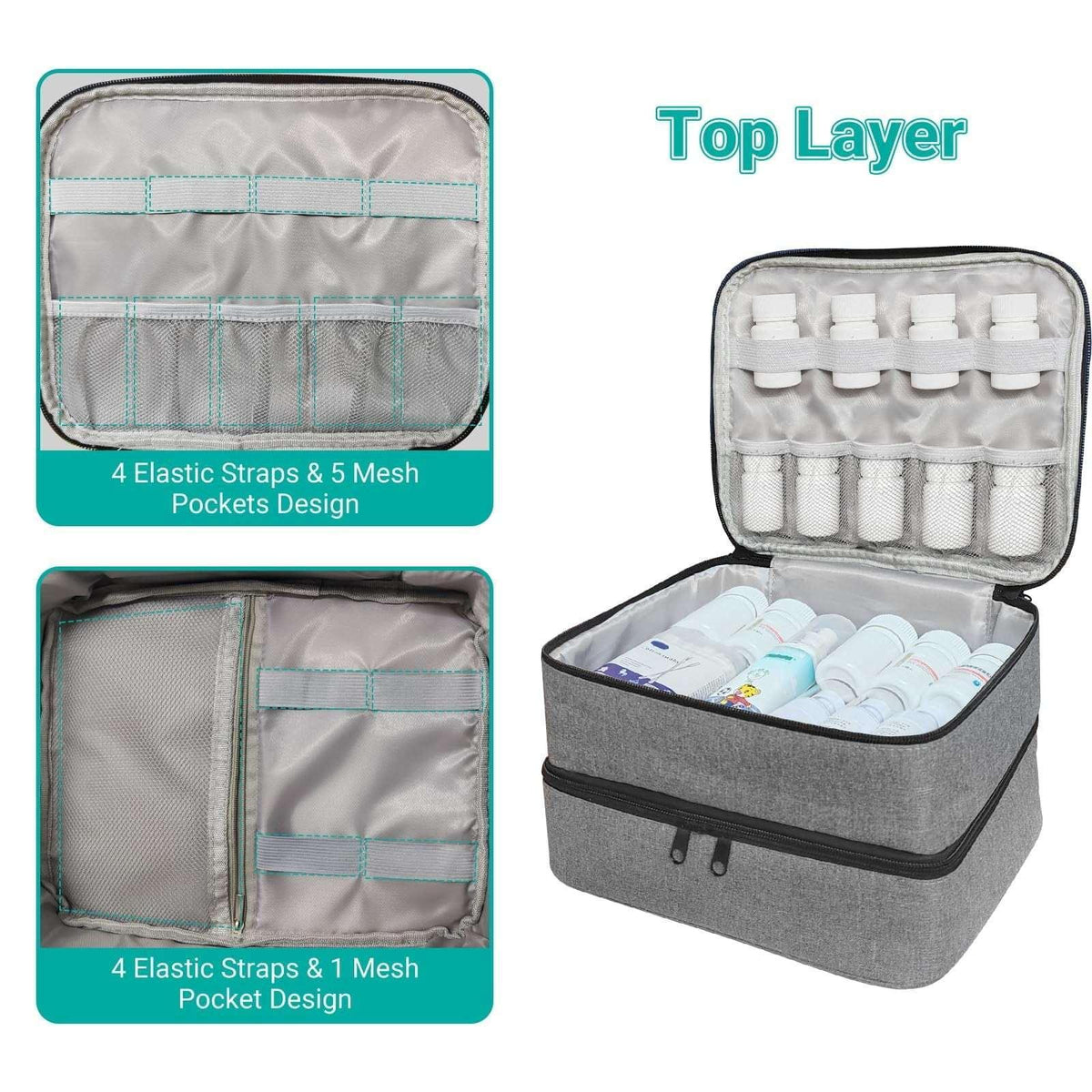 LAKYRIK Medicine Bag, Double Layers Pill Bottle Organizer Bag for Emergency Medication,Supplements or Medical Kits, Zippered Lockable Empty Medicine Bag for Home (Grey, M)