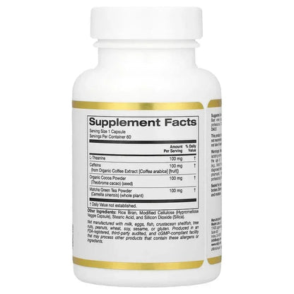 California Gold Nutrition, TheanineUP™, L-Theanine & Caffeine Plus Cocoa, and Matcha, 60 Veggie Capsules