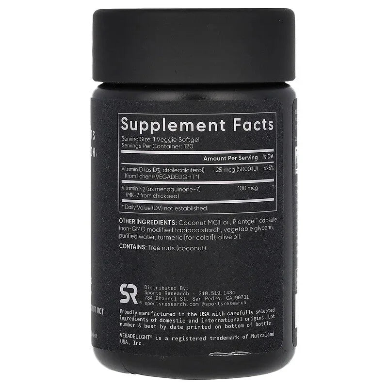 Sports Research, D3 + K2, Plant-Based, 62.5 mcg/100 mcg, Veggie Softgels