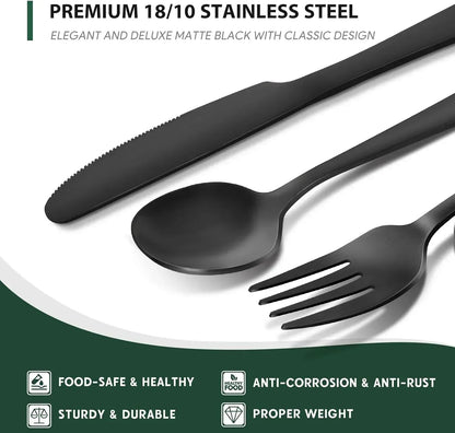 48-Piece Mirror Finished Black Silverware Set with Steak Knives, Black Flatware Set for 8, Stainless Steel Tableware Cutlery Set, Utensil Sets for Kitchen