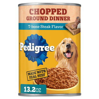 (12 pack) Pedigree Chopped Ground Dinner T-Bone Steak Flavor Adult Wet Dog Food, (12) 13.2 oz Cans