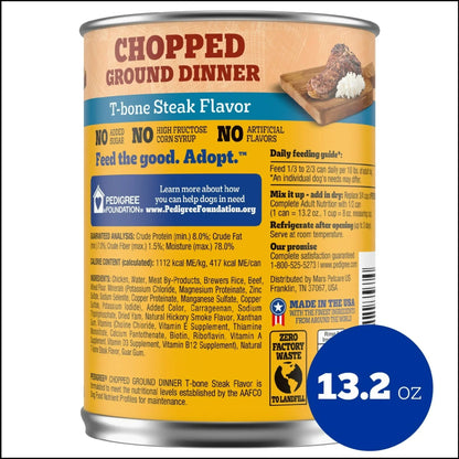 (12 pack) Pedigree Chopped Ground Dinner T-Bone Steak Flavor Adult Wet Dog Food, (12) 13.2 oz Cans