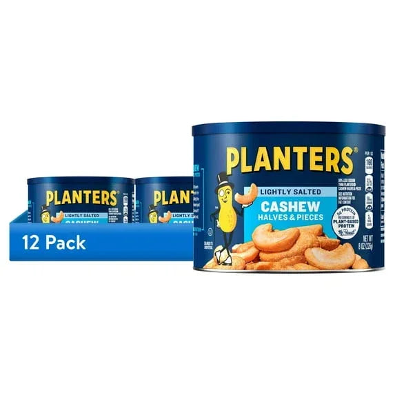 PLANTERS Lightly Salted Cashew Halves and Pieces, Party Snacks, Plant-Based Protein, 8 oz Canister