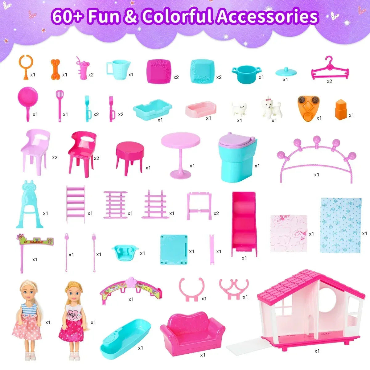 FUNWEE Doll House Playset with 60+ Accessories Including House Furniture, Pets, Bathtubs, Swings, Slides and other accessories