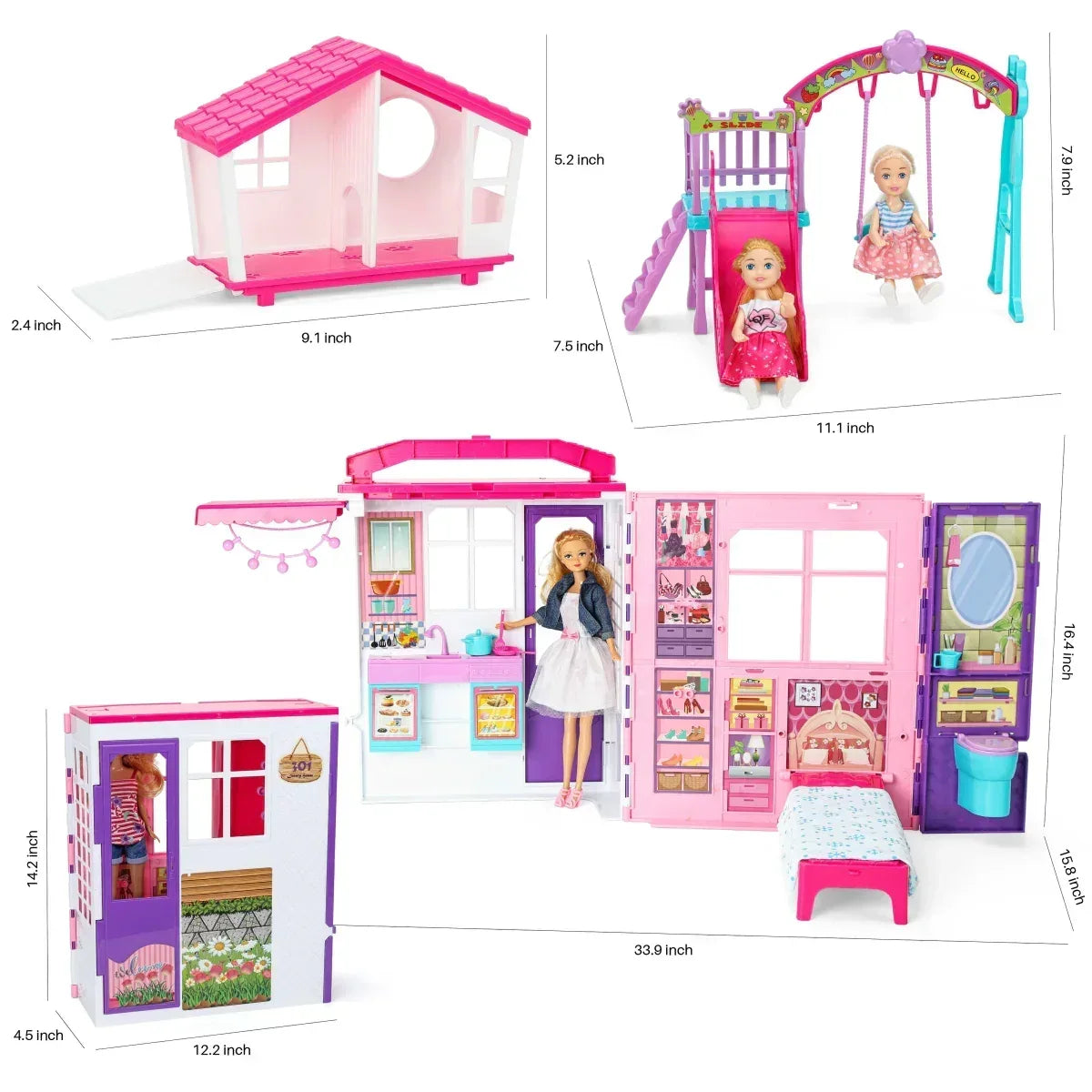FUNWEE Doll House Playset with 60+ Accessories Including House Furniture, Pets, Bathtubs, Swings, Slides and other accessories