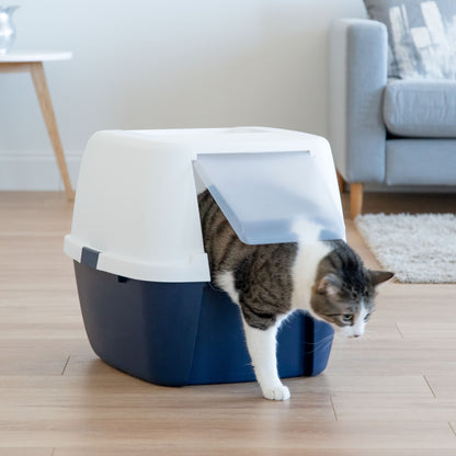 IRIS Large Covered Cat Litter Box with Front Door Flap | Enclosed Design & Handle Navy/White