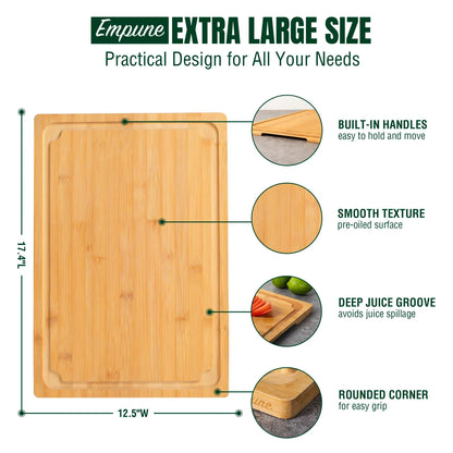 Empune Extra Large Bamboo Cutting Board, 19.9" Wooden Chopping Board for Kitchen with Juice Groove and Built-in Handles