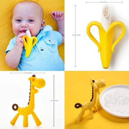 0-6 Months Baby Teething Toy for Boys | 6-12 Months Baby Teething Device | Newborn Mittens Giraffe Banana | BPA Free Baby Teether Set - Blue Color