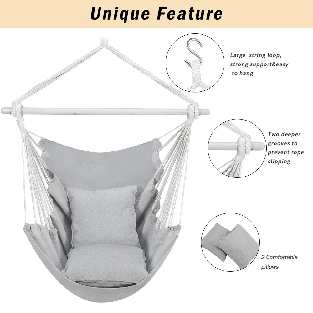Large Hammock Chair Swing, Relax Hanging Rope Swing Chair with Detachable Metal Support Bar & Two Seat Cushions, Cotton Hammock Chair Swing Seat for Yard Bedroom Patio Porch Indoor Outdoor