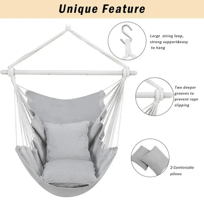 Large Hammock Chair Swing, Relax Hanging Rope Swing Chair with Detachable Metal Support Bar & Two Seat Cushions, Cotton Hammock Chair Swing Seat for Yard Bedroom Patio Porch Indoor Outdoor