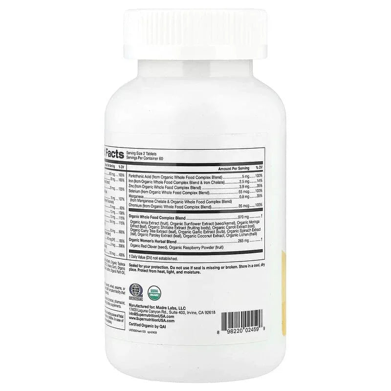 Super Nutrition, Organic Whole Food Women's Multivitamin with Vitamin A, Organic Amla Extract, Organic Sunflower Extract, and Organic Moringa Extract , 120 Tablets