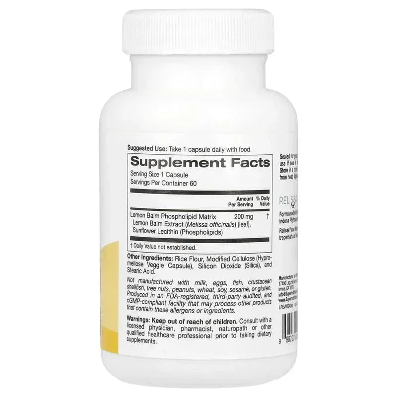 Super Nutrition, Lemon Balm Phytosome with Sunflower Lecithin, 200 mg, 60 Veggie Capsules