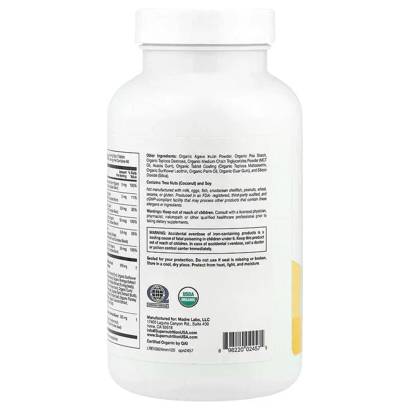 Super Nutrition, Organic Whole Food Men's Multivitamin with Organic Amla Extra, Organic Sunflower Extract, Organic Moringa Extract, and Organic Shiitake Extract, 120 Tablets