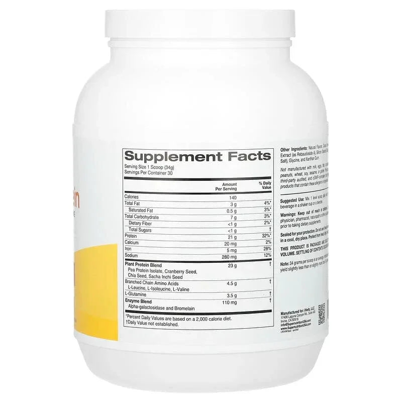 Super Nutrition, Perfect Plant Protein with Pea Protein Isolate, BCAAs, Cranberry Seed, Chia Seed, and Sacha Inchi Seed, 2.2 lbs (1,020 g)