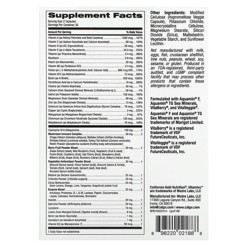 California Gold Nutrition, Ultamins with CoQ10, Mushrooms, Enzymes, Veggies & Berries, 60 Veggie Capsules