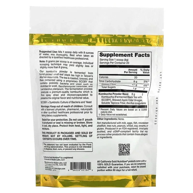 California Gold Nutrition, Superfoods, Kombucha Powder with Kombucha, Brewed Apple Cider Vinegar and Soluble Tapioca Fiber Plus Probiotics, 5.64 oz (160 g)