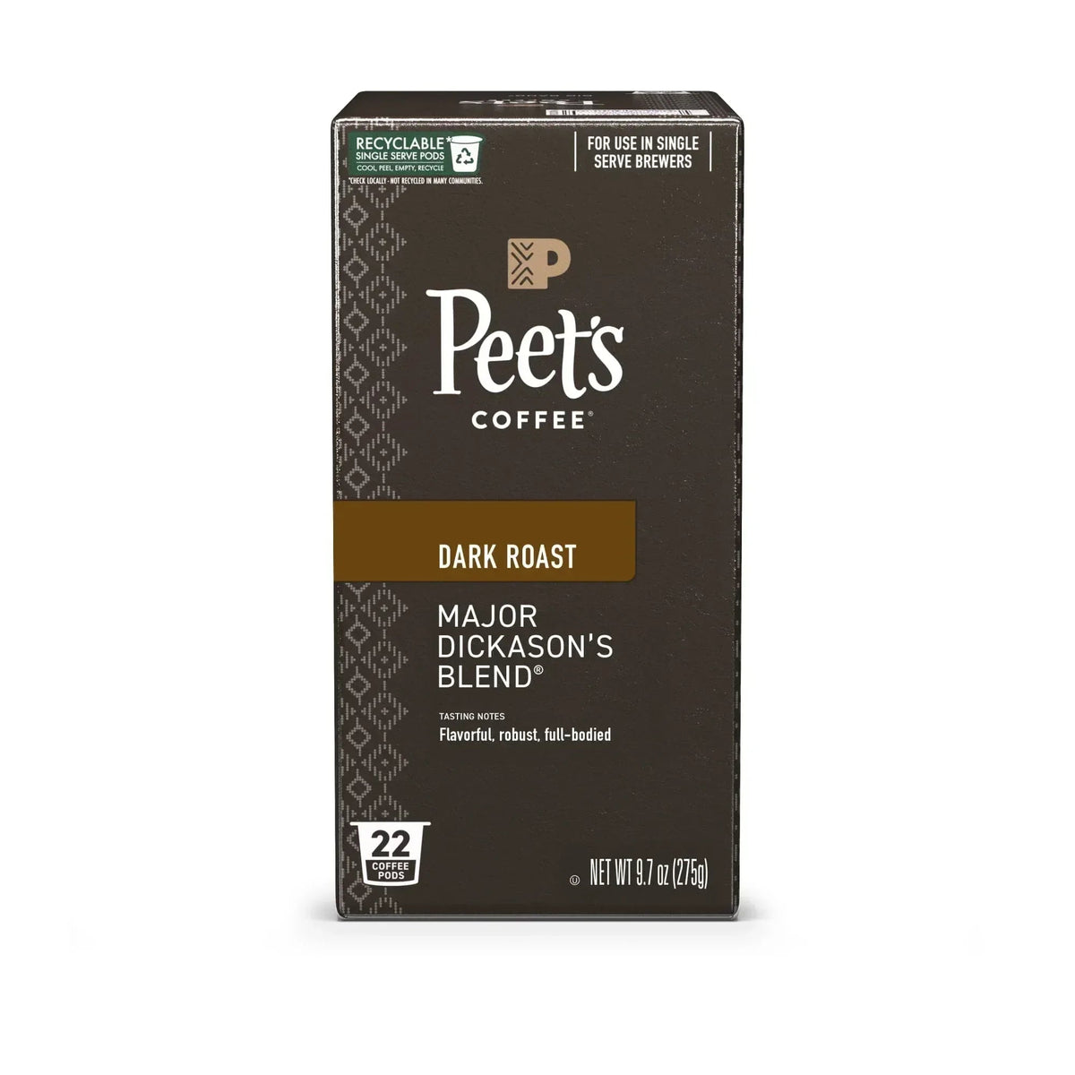 Peet's Coffee Major Dickason's Blend Premium Dark Roast Single Serve Coffee Pods, 22 Count