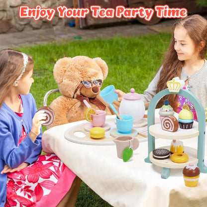 JoyStone Wooden Tea Party Set for Toddlers, Pretend Play Tea Sets for Kids with Storage Cupcake Stand, Wooden Toys Gifts for Girls & Boys