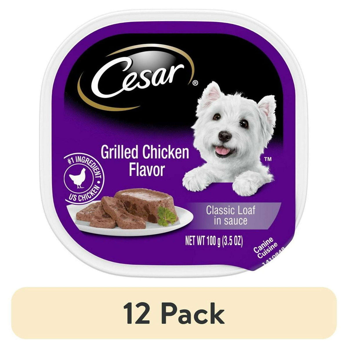 (12 pack) Cesar Classic Loaf in Sauce Grilled Chicken Wet Dog Food, 3.5 oz Easy Peel Tray