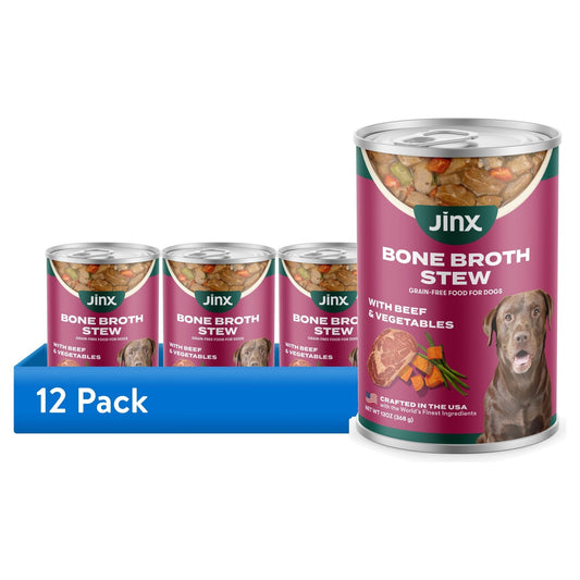 (12 pack) Jinx Bone Broth Stew Grain-Free Beef & Vegetables Wet Dog Food, 13 oz Can