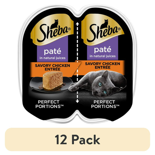 (12 pack) Sheba Wet Cat Food Pate, Savory Chicken Entree, 2.6 oz Perfect Portions Twin Pack Tray