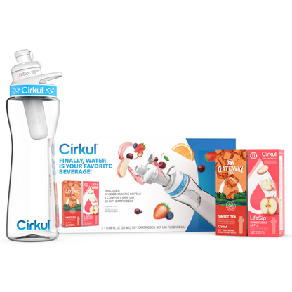 Cirkul 22oz Plastic Water Bottle Starter Kit with Blue Lid and 2 Flavor Cartridges (Honeycrisp Apple & Sweet Tea)