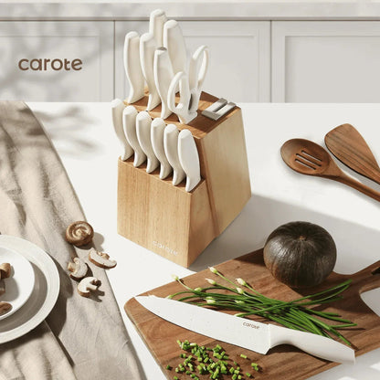 Carote 15-Piece Premium Kitchen Knife Set, Black Ceramic-Coated Blades with Stylish Wooden Block