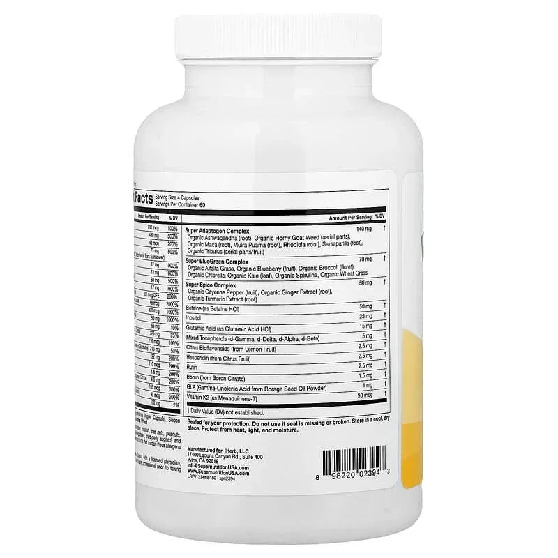 Super Nutrition, Men's Multivitamin with Super Adaptogens, Greens, Spices, and Vitamin A, Iron Free, 240 Veggie Capsules