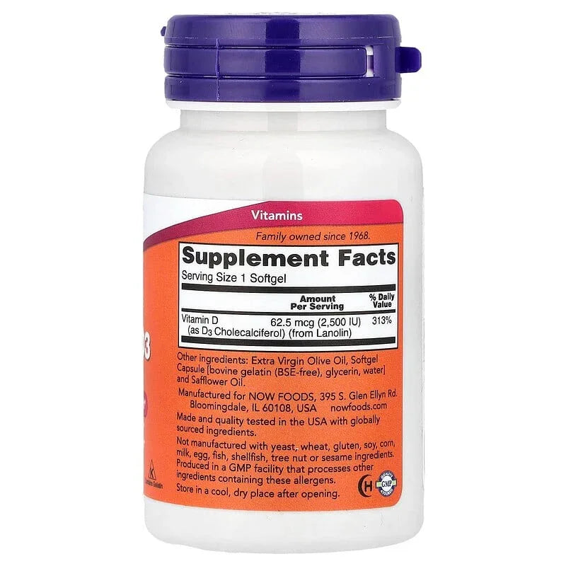 NOW Foods, Vitamin D3, 2,500 IU, 180 Softgels