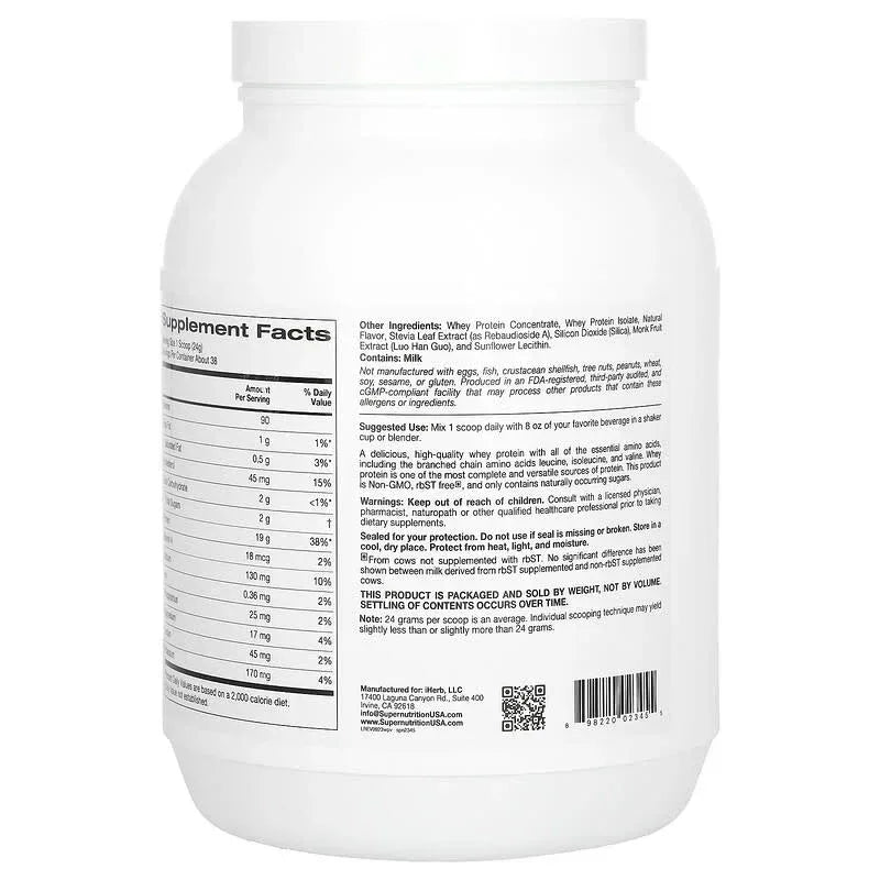 Super Nutrition, Ultra Filtered Whey Protein Powder with Cocoa Powder, Stevia Leaf Extract, Monk Fruit Extract, Sunflower Lecithin, Non-GMO, and rbST Free, Chocolate, 2 lb (908 g)