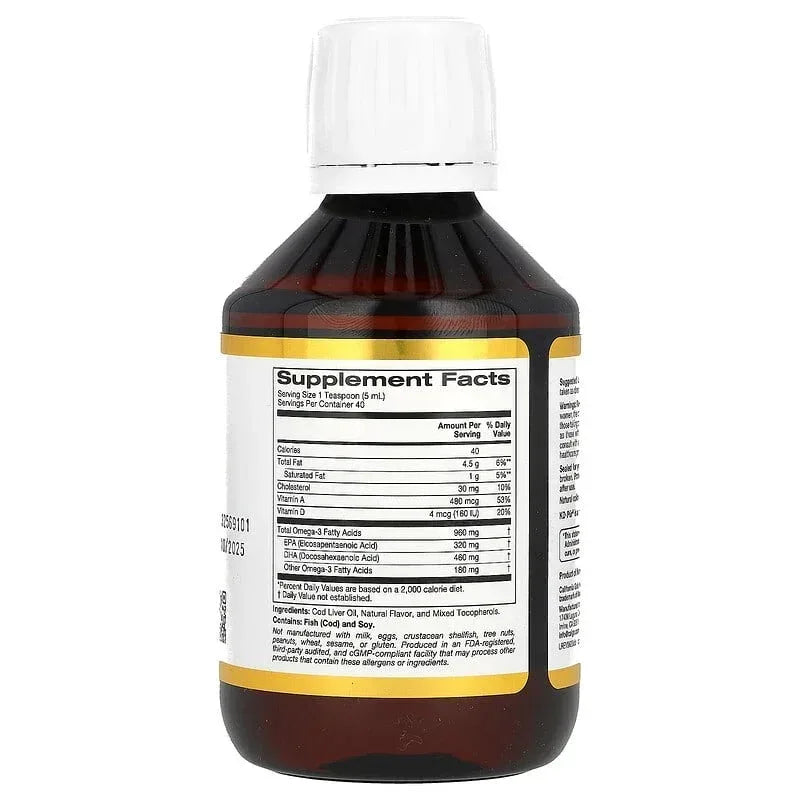 California Gold Nutrition, Cod Liver Oil with Omega-3 Fatty Acids, EPA, DHA, Vitamins A and D, Norwegian, Triglyceride Form, Natural Lemon, 6.7 fl oz (200 ml)