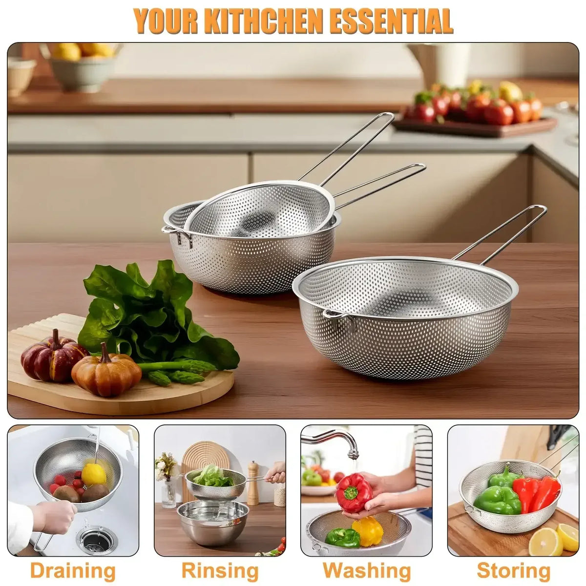 VeSteel Colander Set of 3, Stainless Steel Micro-Perforated Colanders Strainers for Draining Rinsing Washing, Ideal for Pasta Vegetables Fruits, Heavy Duty & Dishwasher Safe