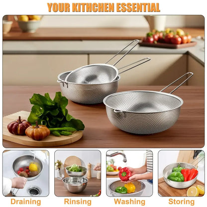 VeSteel Colander Set of 3, Stainless Steel Micro-Perforated Colanders Strainers for Draining Rinsing Washing, Ideal for Pasta Vegetables Fruits, Heavy Duty & Dishwasher Safe