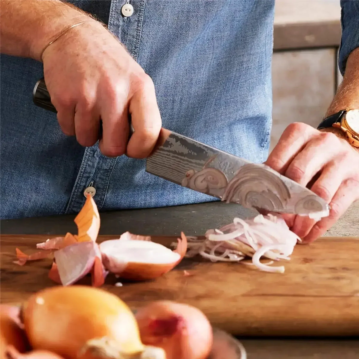 GreenPan x Bobby Flay 8" Chef's Knife with Sheath, Premium Stainless Steel Blade, Precision Cutting Kitchen Tool, Ultra-Versatile Cutlery, Hand Finished Wood Handle, Damascus Steel Design