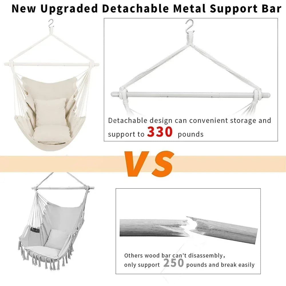 Large Hammock Chair Swing, Relax Hanging Rope Swing Chair with Detachable Metal Support Bar & Two Seat Cushions, Cotton Hammock Chair Swing Seat for Yard Bedroom Patio Porch Indoor Outdoor