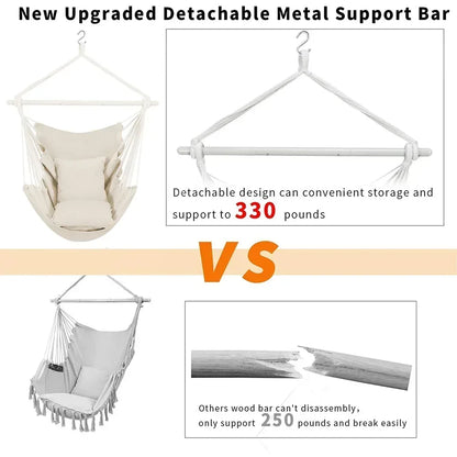 Large Hammock Chair Swing, Relax Hanging Rope Swing Chair with Detachable Metal Support Bar & Two Seat Cushions, Cotton Hammock Chair Swing Seat for Yard Bedroom Patio Porch Indoor Outdoor