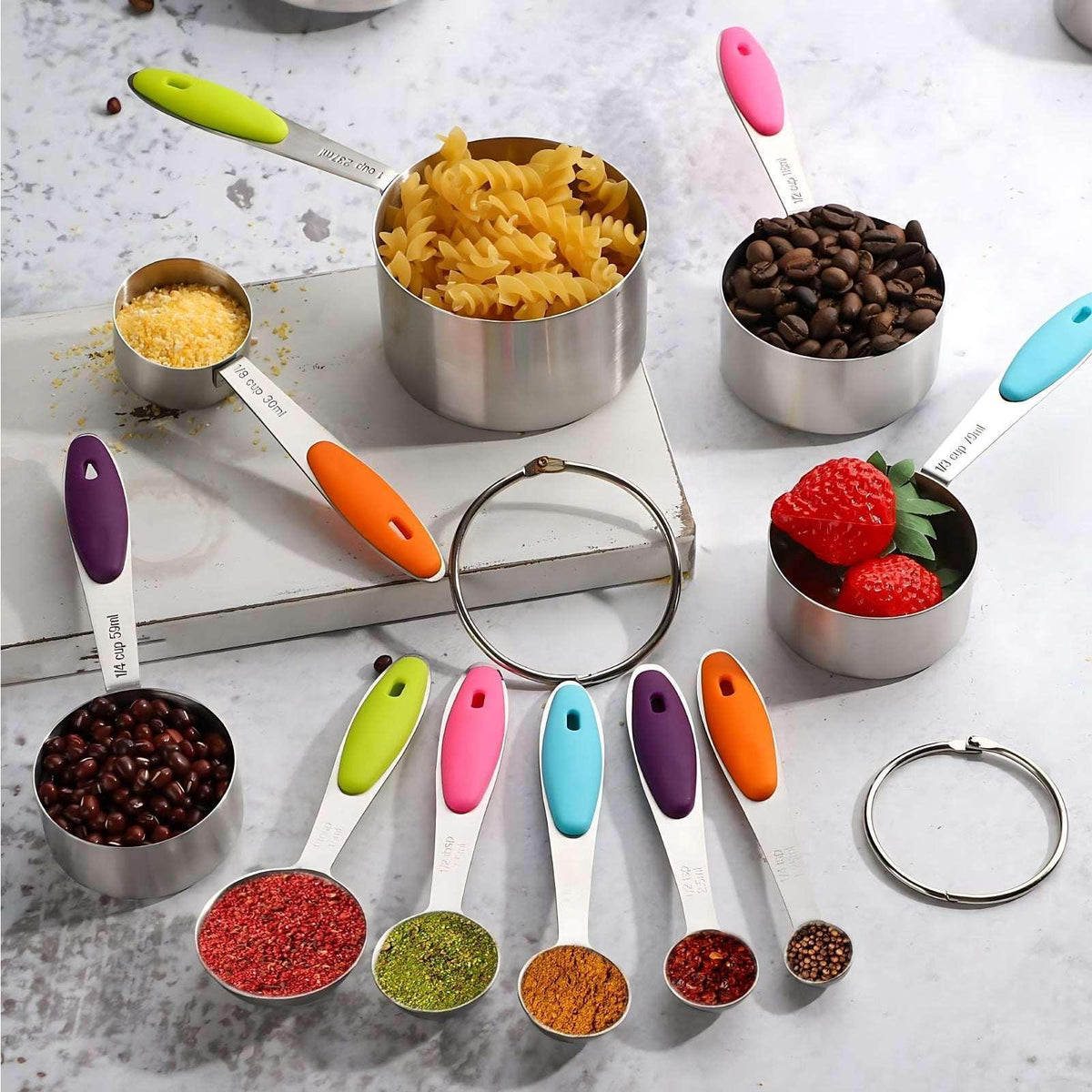 Measuring Cups and Spoons Set of 15, Kitchen Measuring Tool with Colored Silicone Handle, Including 5 Nesting Measuring Cups, 5 Spoons, 5 Mini Spoons Stainless Steel for Cooking Baking