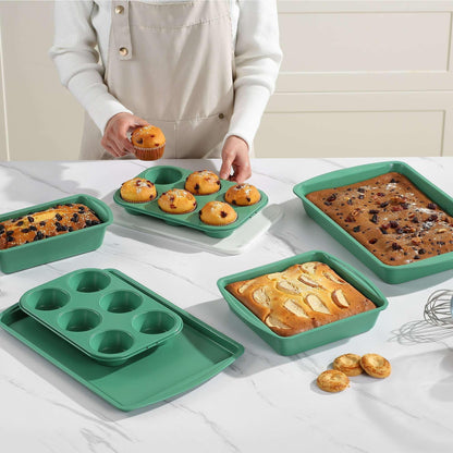 Mainstays 6 Piece Non-Stick Carbon Steel Bakeware Set with Cake, Muffin, Cookie and Loaf Pans, Gray
