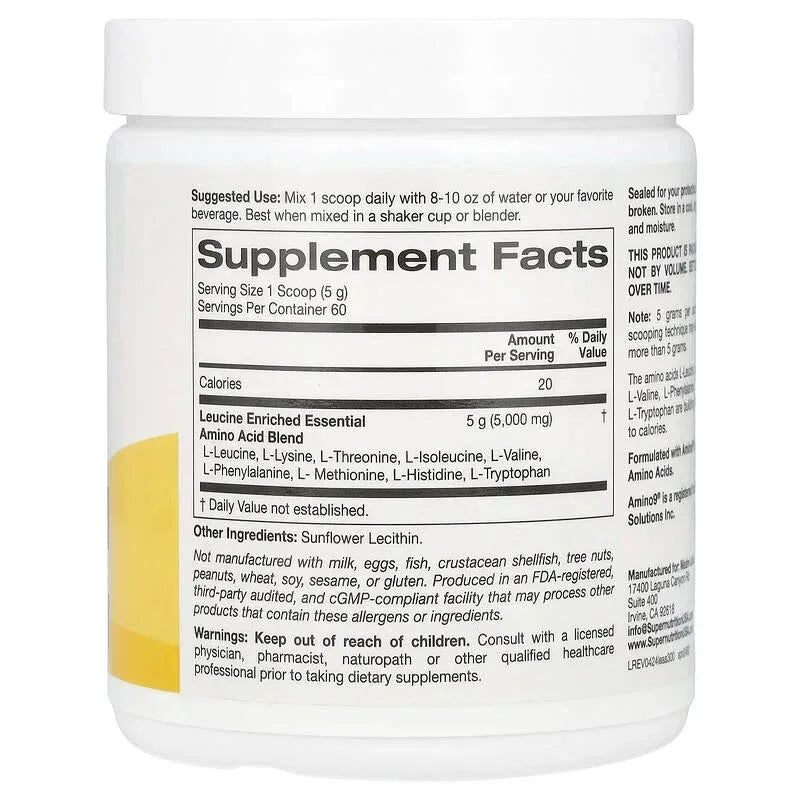 Super Nutrition, Leucine Enriched Essential Amino Acids with L-Leucine, L-Lysine, L-Threonine, and L-Isoleucine, Unflavored, 10.58 oz (300 g)