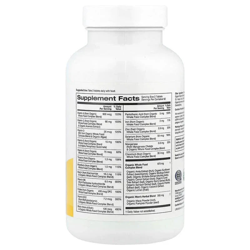 Super Nutrition, Organic Whole Food Men's Multivitamin with Organic Amla Extra, Organic Sunflower Extract, Organic Moringa Extract, and Organic Shiitake Extract, 120 Tablets
