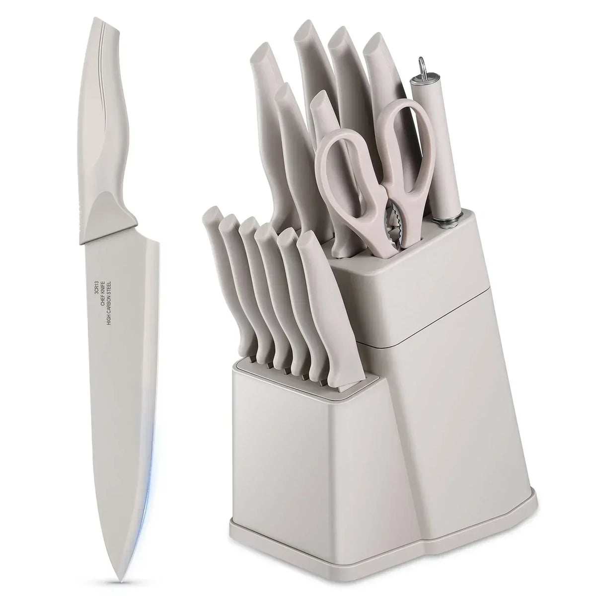 Walchoice 15 Pieces Knife Set with Block, High Carbon Stainless Steel Kitchen Knife Set with Sharpener, Rust Resistant & Dishwasher Safe
