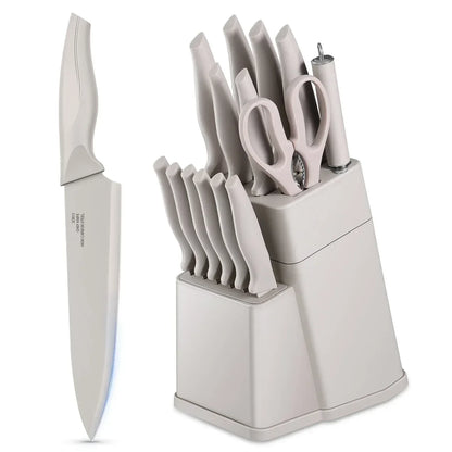 Walchoice 15 Pieces Knife Set with Block, High Carbon Stainless Steel Kitchen Knife Set with Sharpener, Rust Resistant & Dishwasher Safe