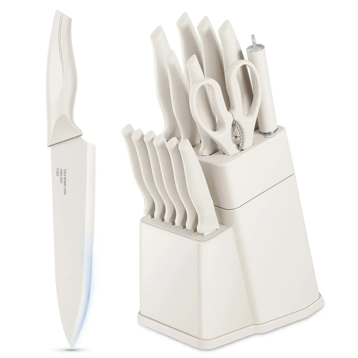 Walchoice 15 Pieces Knife Set with Block, High Carbon Stainless Steel Kitchen Knife Set with Sharpener, Rust Resistant & Dishwasher Safe
