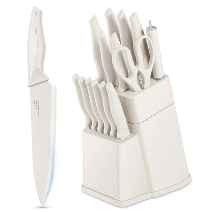 Walchoice 15 Pieces Knife Set with Block, High Carbon Stainless Steel Kitchen Knife Set with Sharpener, Rust Resistant & Dishwasher Safe