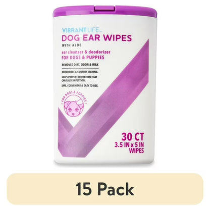 Vibrant Life Dog Ear Wipes with Aloe, 30 Count. Cleaning Dog Ear Wipes.