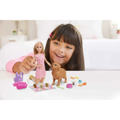 Barbie Doll & Newborn Pets Playset with Pregnant Mom Dog, Color-Change Puppies & Accessories, Blonde